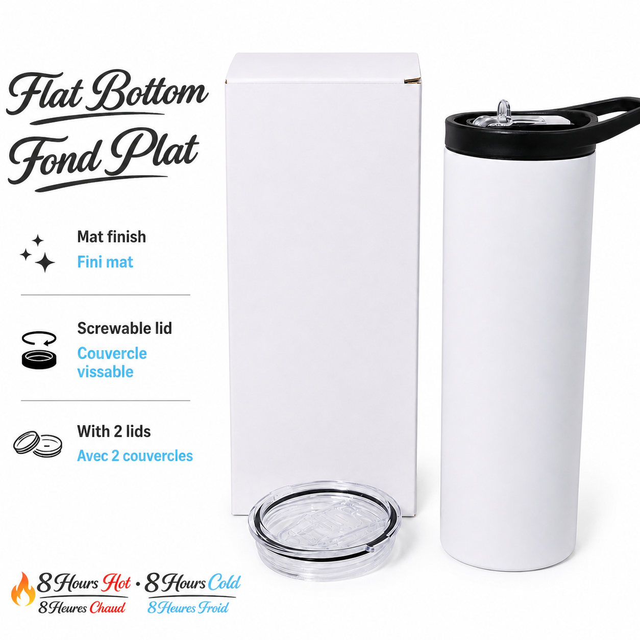 24 PACK MAT-20 OZ ($8.00 cost unit)Mat  Sublimation  20oz FLAT Straight Skinny  Tumbler- -straight-stainless steel (Double insulated hot- cold 8 hours)straw-cleaning brush