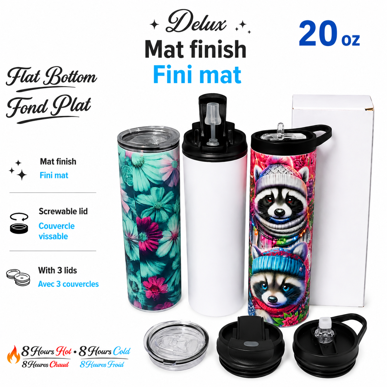 Delux 20 OZ-MAT (coût unitaire 10,00 $) 3 couvercles Mat Sublimation 20 oz Gobelet plat droit mince - acier inoxydable droit (double isolation chaud-froid 8 heures) paille brosse de nettoyage