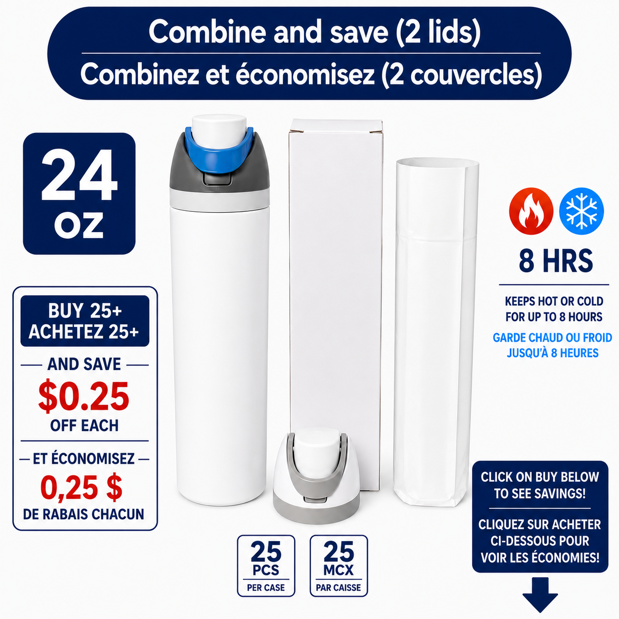 24 OZ Blue lids Strainght Owala-Style Gloss  Bottle(2 lids)for sublimation