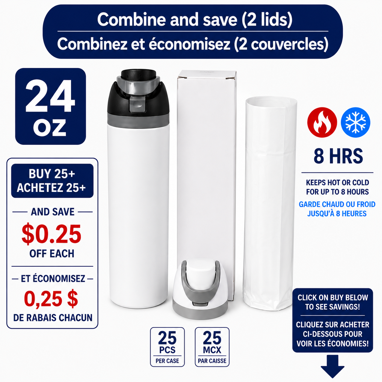 24 OZ BLACK  lids StrainghtOwala-Style Gloss  Bottle(2 lids)for sublimation