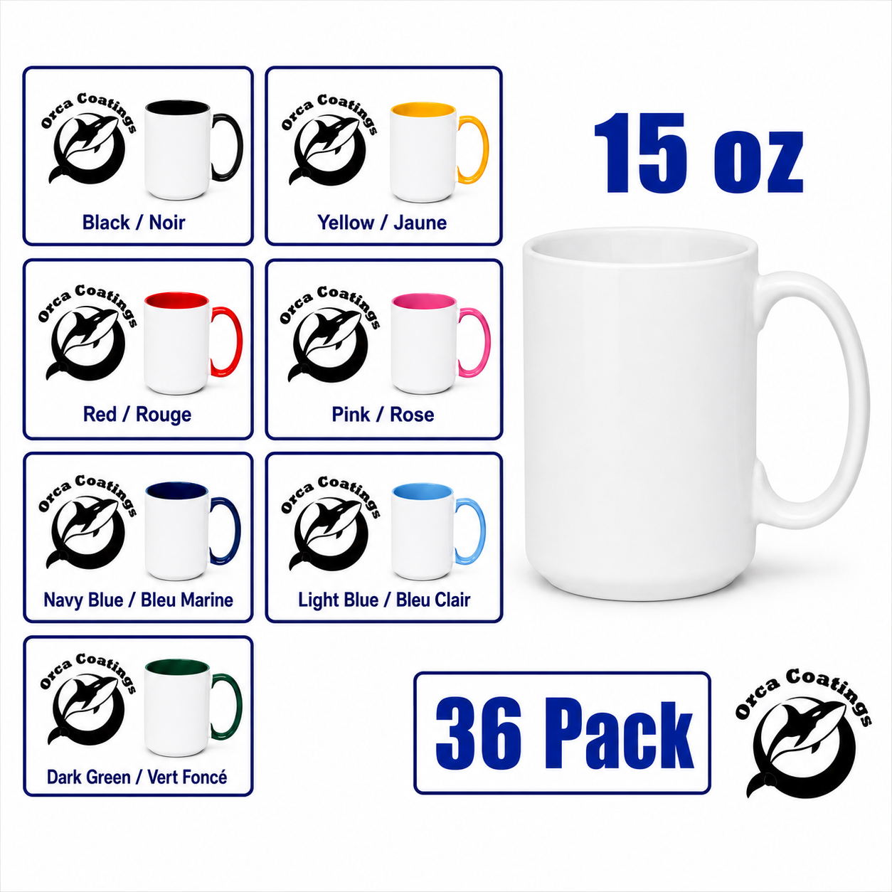 36/Tazas/Blancas/15oz($1.80 costo por unidad) Tazas blancas para sublimación de 15 oz con color interior BLANCO y recubrimiento AAA - Caja de 36 | Solo para recogida (Pedido anticipado - commande Arr 14 ENE 2026) RECUBRIMIENTO ORCA
