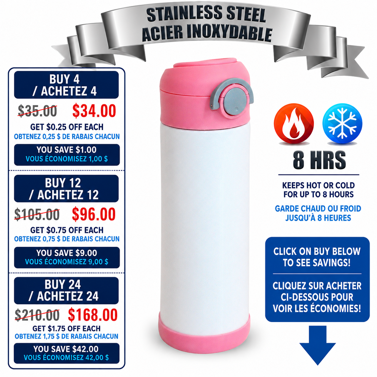 Bouteille d'eau en acier inoxydable MLSublimation PINK-350 pour enfants