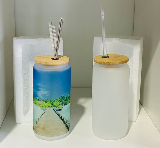 6 PACK - Gobelet  en verre GIVRE de 16 OZ avec couvercle en bambou et paille en plastique et brosse en métal avec emballage renforcé