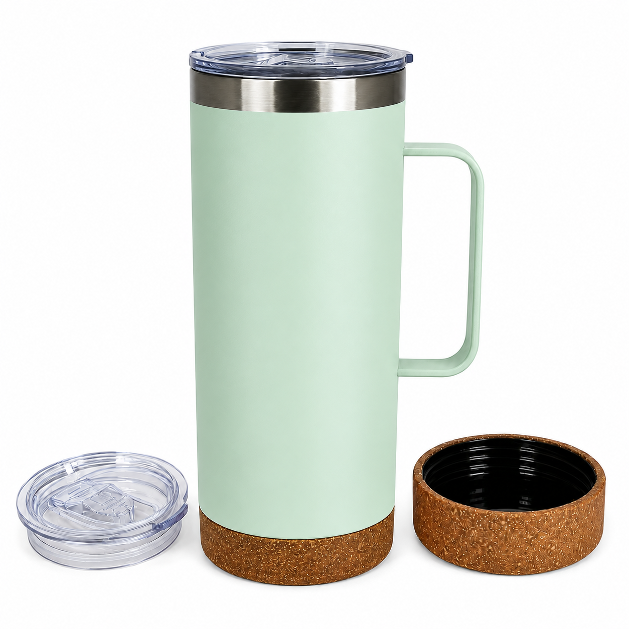 Mug droit vert en acier inoxydable de 17 oz avec base en liège et poignée en métal