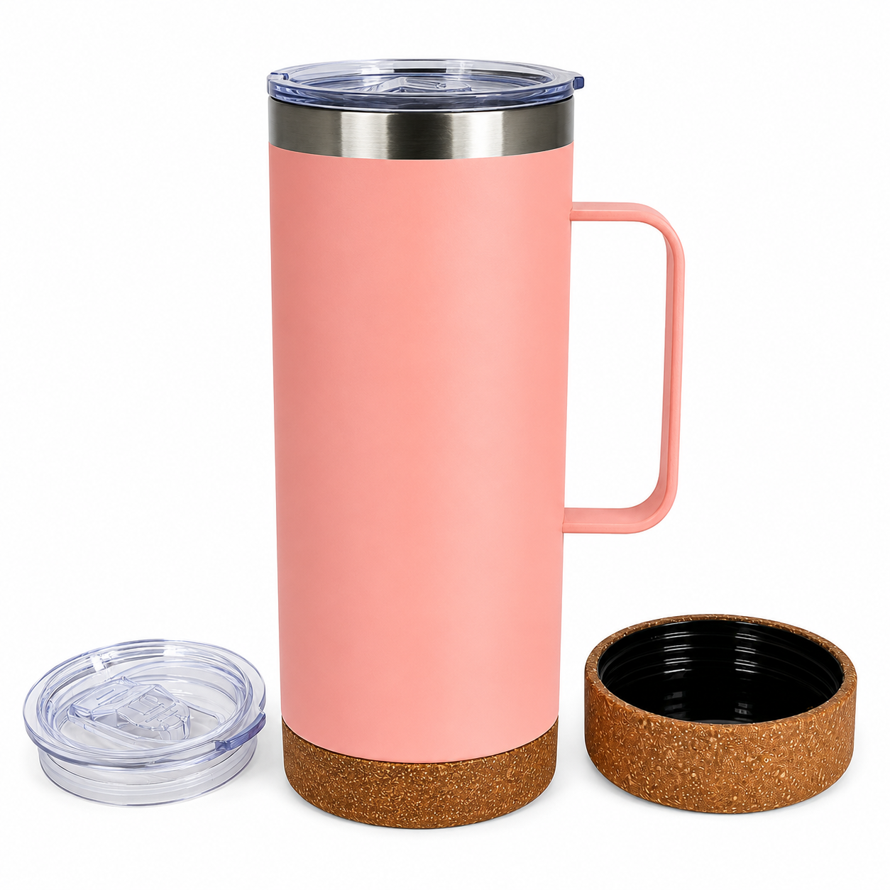 Mug droit rose en acier inoxydable de 17 oz avec base en liège et anse en métal