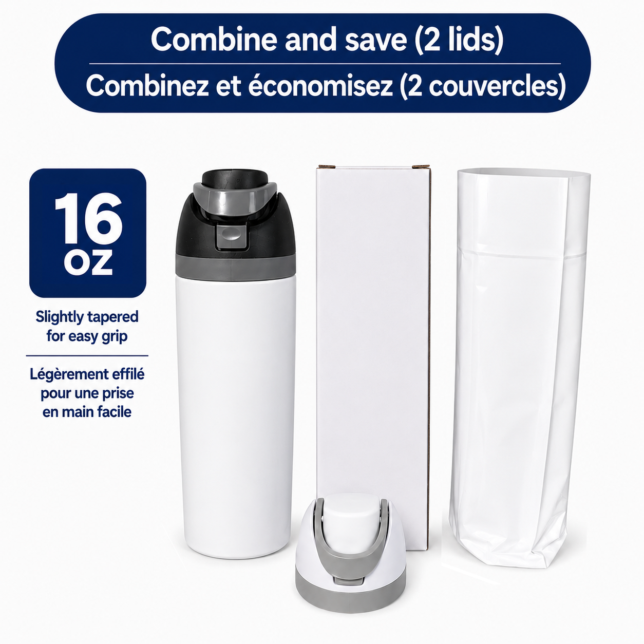 16oz Owala-Style Black lid Gloss(Slightly tapered-) White Water Bottle(2 lids)