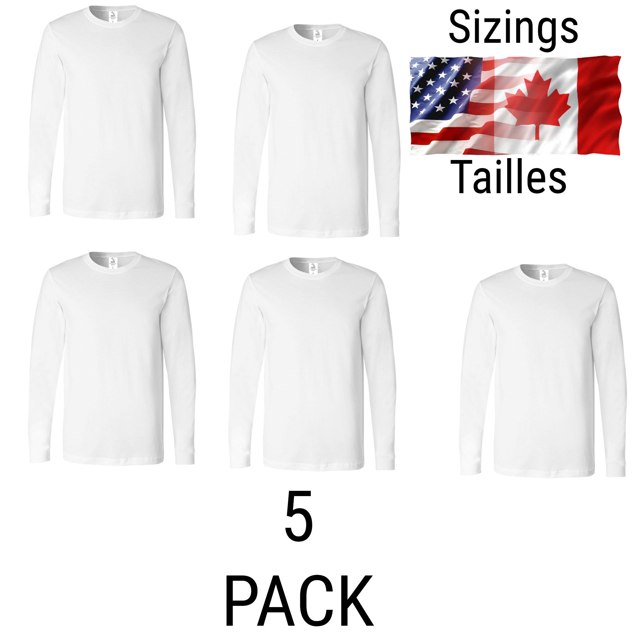 5 Pack-($5.60 Cost . unit)Adult Sublimation LONG SLEEVE T-Shirts White Super Soft (95% Polyester-5% Spandex)  -