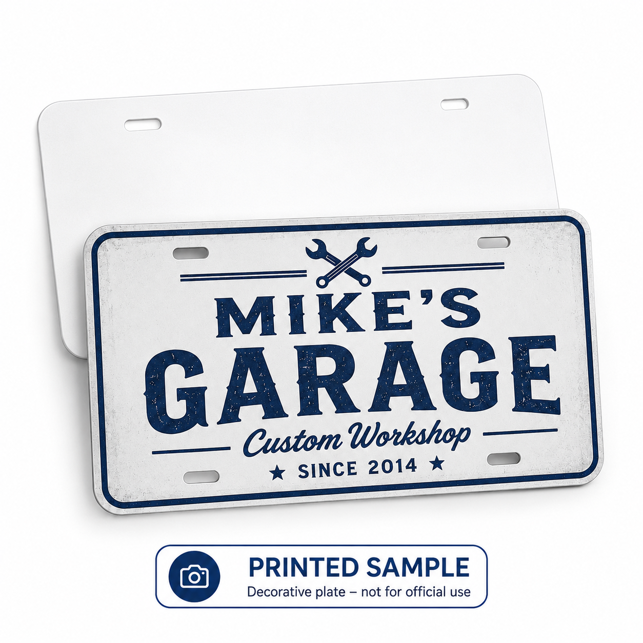 Custom printed sublimation license plate sample for garage sign display