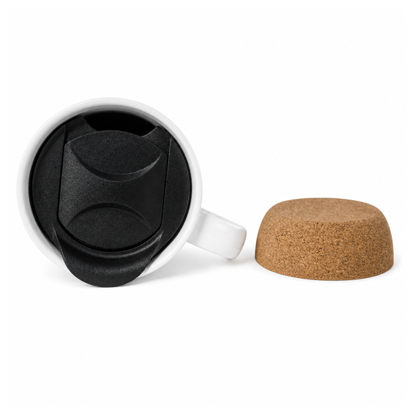Paquete de 6 Tazas blancas con corcho de 12oz Taza de cerámica blanca para sublimación con base de corcho y tapa negra