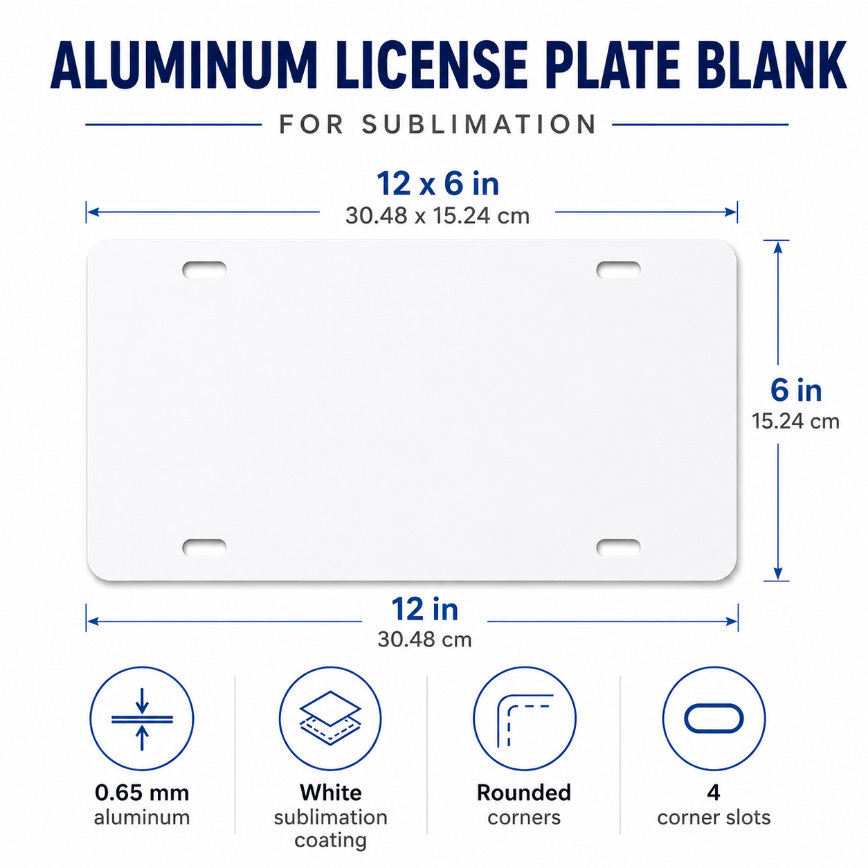 12 x 6 inch sublimation aluminum license plate blank with 0.65mm thickness and 4 corner slots