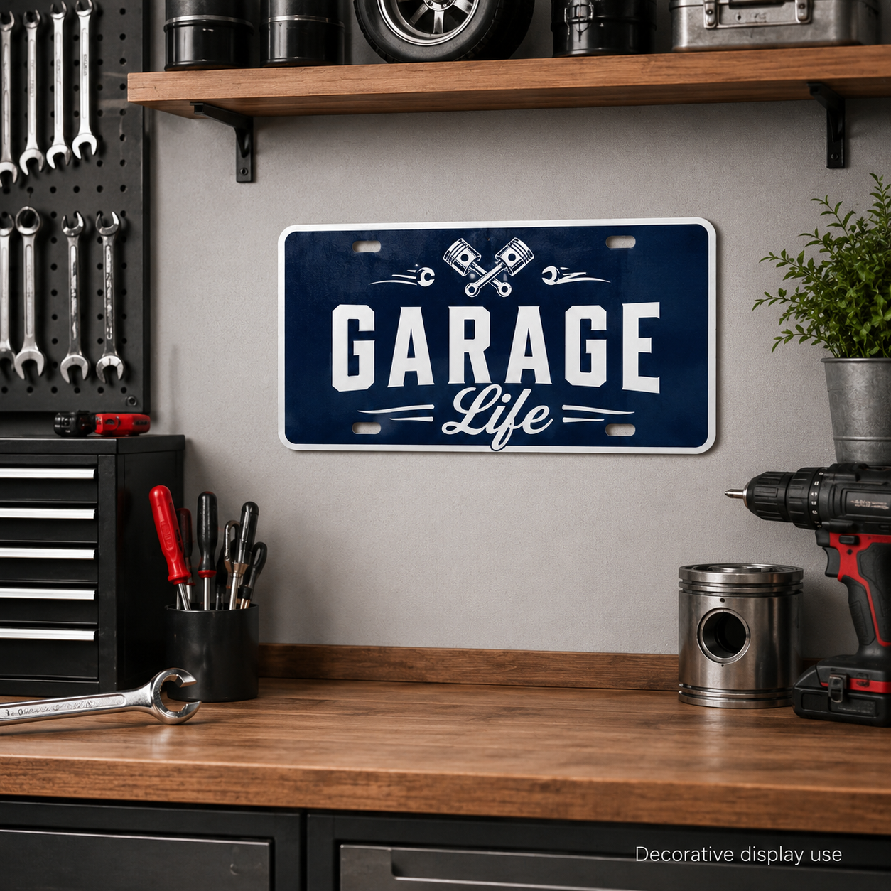 Decorative sublimation license plate displayed on a garage wall